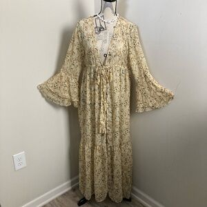 Bohemian Cream Black Duster Maxi Waist Tie Long Bell Sleeves Dress